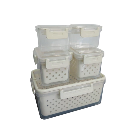 Kit 5 Potes Herméticos com Cesto Escorredor Transparente de Plástico Organizador de Alimentos com Tampa Hermética Porta Mantimentos Casa Cozinha