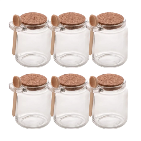 Kit 6 POTES DE VIDRO PORTA TEMPEROS 250ML C/ TAMPA CORTIÇA E COLHER - comprar online