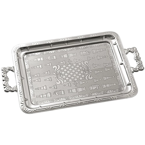 Bandeja Grande com Alças em Aço Inox Desenho Xadrez