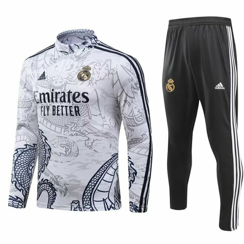 Conjunto Real Madrid Dragão 23/24 Manga Longa - Branca e Azul Marinho