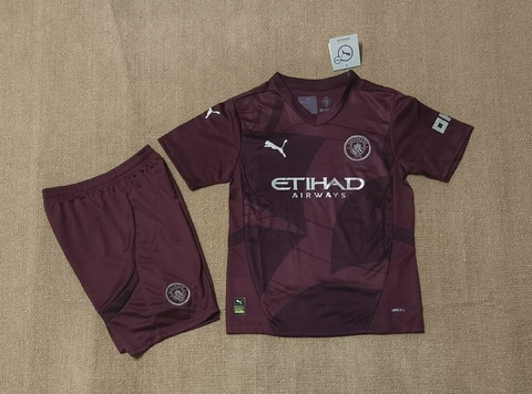 Conjunto Infantil Manchester City III 24/25 Bordô e Dourada