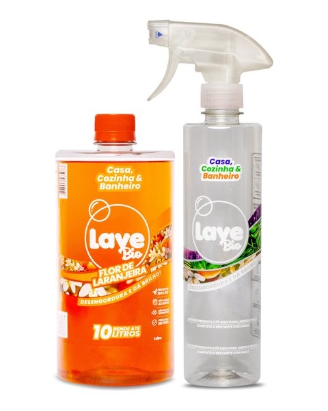 LaveBio para 10 litros, Kit com borrifador , Flor de Laranjeira - Médio - 1L