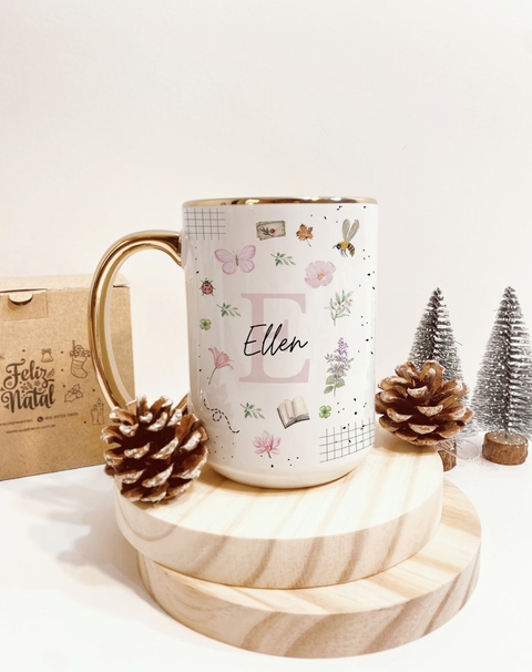 Caneca Alça Cromada Dourado - Personalizado Nome
