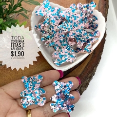 APLIQUE URSO FELTRO FLOCADO AZUL COM ROSA - TCD44 - 2 UNIDADES
