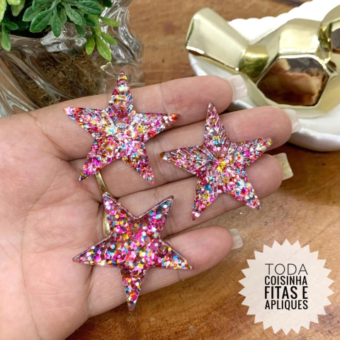APLIQUE ESTRELA BRILHOSA RESINA - RSN45 - 2 UNIDADES