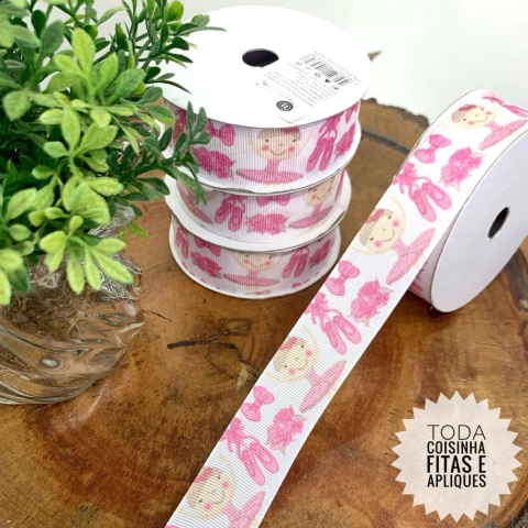 FITA GORGURÃO ESTAMPADA 25 MM BAILARINA ROSA