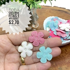 APLIQUE FLOR TECIDO GLITTER FINO QUADRADA - 10 UNIDADES SORTIDAS