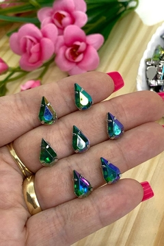 CHATON PRATA ENGRAMPADO GOTA 8x13 MM - 10 UNIDADES - VERDE FURTA COR
