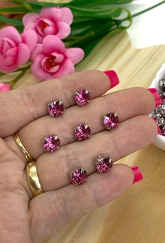 CHATON PRATA ENGRAMPADO REDONDO 8 MM - 10 UNIDADES - ROSA PINK