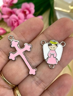 KIT TERÇO PRATA - ENTREMEIO + PINGENTE - PGT65 - ANJO ROSA