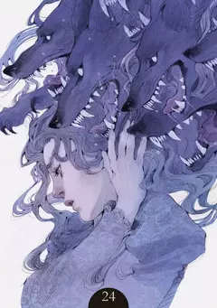 Ilustración de una mujer con cabello ondulado que sostiene su cabeza mientras es rodeada por varias cabezas de lobos, en tonos púrpuras. ORACULO LOPUTYN DE EDITORIAL LO SCARABEO ITALIA