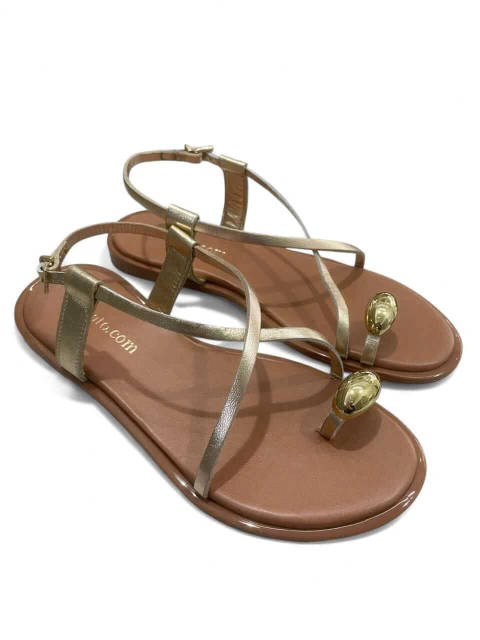 Sandália Rasteira Tiras Finas Couro Ouro Light/ Anel Ouro - comprar online