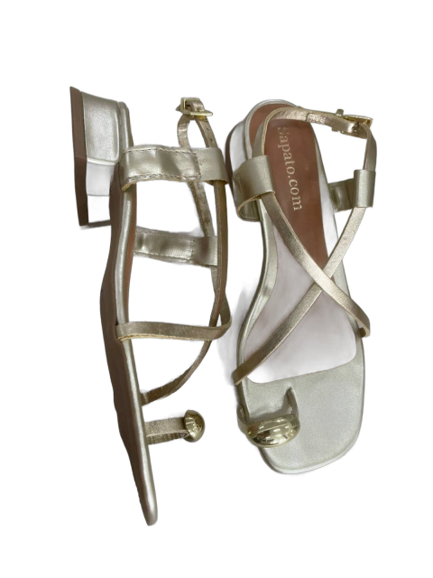 Sandália SCom Tiras Finas Couro OURO LIGHT/ Anel Ouro/ Salto Bloco Baixo - comprar online