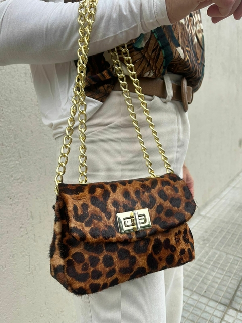 Bolsa Analu P Couro Pelo Onça / Ouro