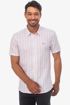 CAMISA MANGA CURTA LISTRADA BRANCO/ROSA