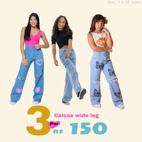 Kit 3 Calça Jeans Wide Leg