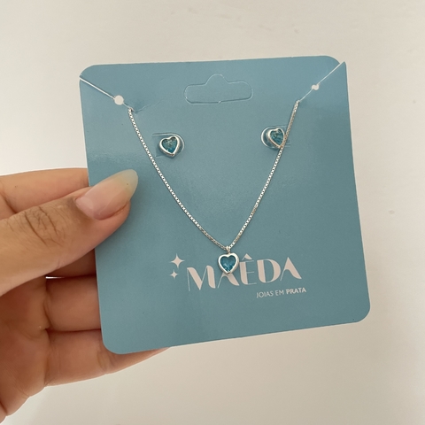 Conjunto de coração azul claro cravação inglesa - prata 925