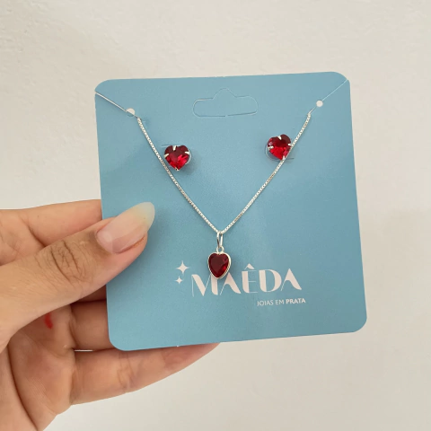 Conjunto de coração grande vermelho - prata 925 - comprar online