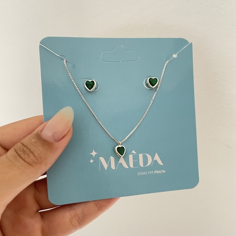 Conjunto de coração verde cravação inglesa - prata 925