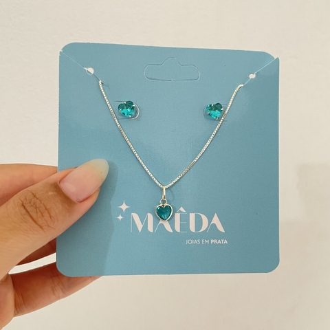 Conjunto de coração azul turquesa - prata 925