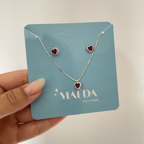 Conjunto de coração vermelho cravação inglesa - prata 925