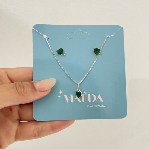 Conjunto de coração verde 45cm - prata 925