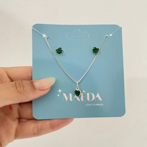 Conjunto de coração verde 45cm - prata 925 - comprar online