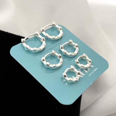 Trio argolas de click lisa com corações - prata 925 - comprar online