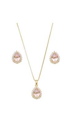 Conjunto Gotinha Cravejada Rose com Banho em Ouro - comprar online