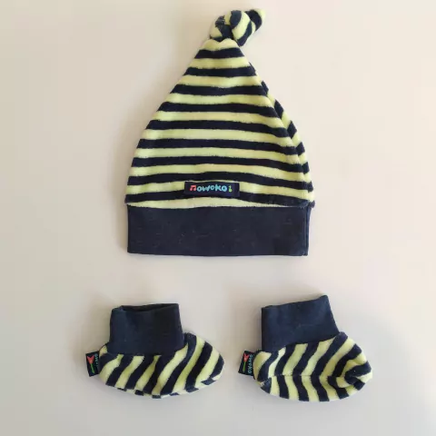 CONJUNTO - OWOKO - TALLE 0 MESES - SET X2 PIEZAS (GORRO Y ESCARPÍN) PLUSH A RAYAS AZUL Y AMARILLO