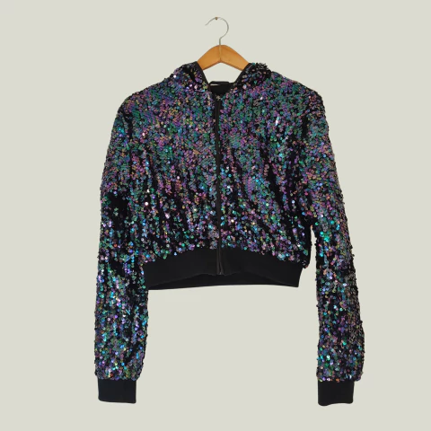 CAMPERA - H&M - TALLE 12 A 14 AÑOS - NEGRO CON LENTEJUELAS VERDE Y VIOLETA - comprar online