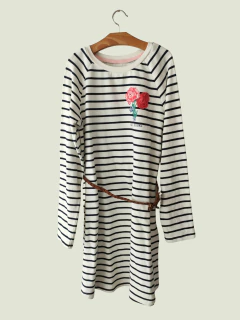 VESTIDO - H&M - TALLE 8 A 10 AÑOS - A RAYAS BLANCO MOTIVO FLOR CON CINTURÓN - comprar online