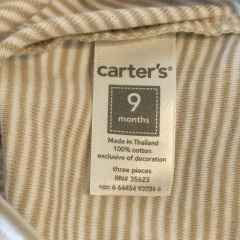 CONJUNTO - CARTER'S - TALLE 9 MESES - SET X3 (REMERA ML, PANTALÓN PL Y GORRITO) A RAYAS MARRÓN - PilchaGo