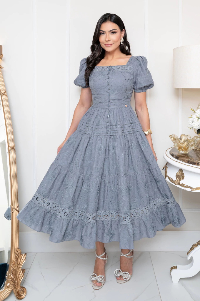 Vestido Midi Amelie Cinza Azulado