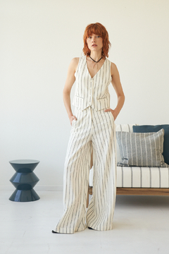 PANTALON MALIBU LARGO LINO RAYADO NEGRO