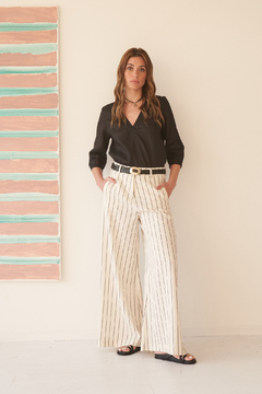 PANTALON MALIBU LARGO LINO RAYADO NEGRO - tienda online