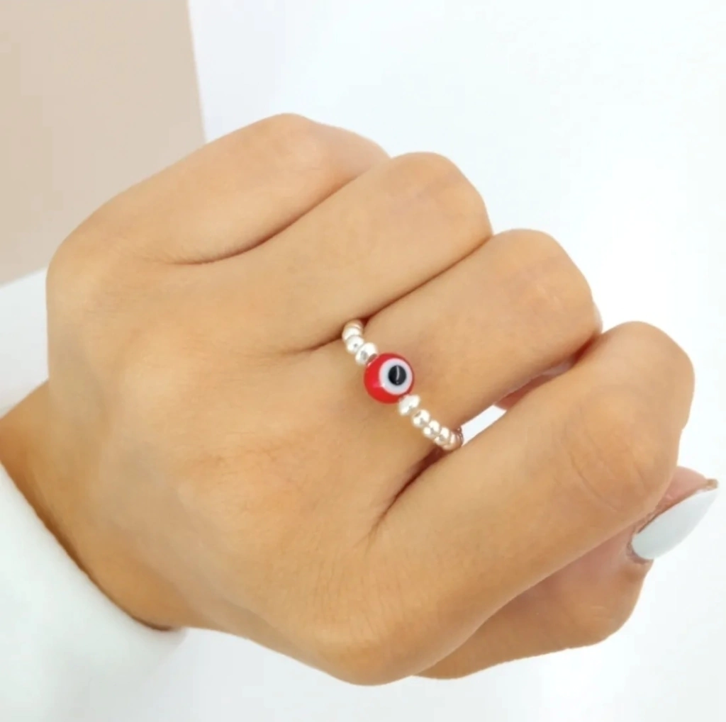 Anillo elastizado bolitas de plata y oro turco rojo