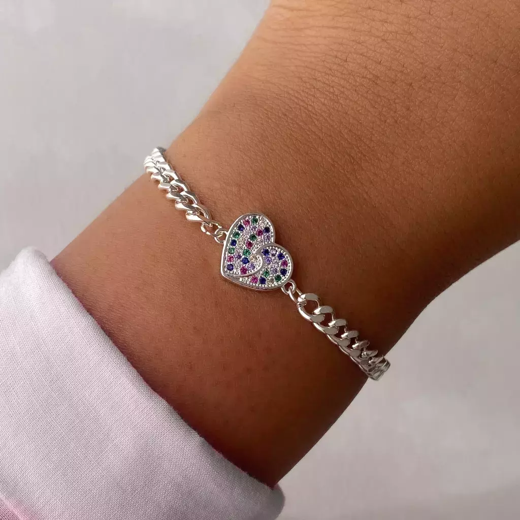 Pulsera Acero Blanco Grumet corazón micropavé colores
