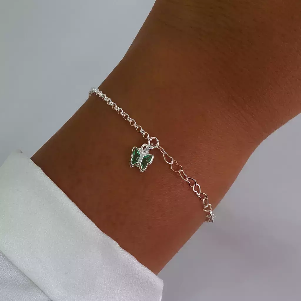 Pulsera bañada en plata mariposa verde