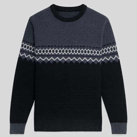 sweater de lana jacquard gris, blanco y negro, cuello redondo