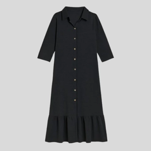 Vestido camisero largo de lino negro con manga tres cuartos y bolsillos