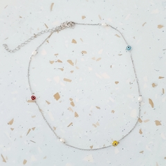 Choker Olho Color e Pérolas / Prata 925 Rodinada