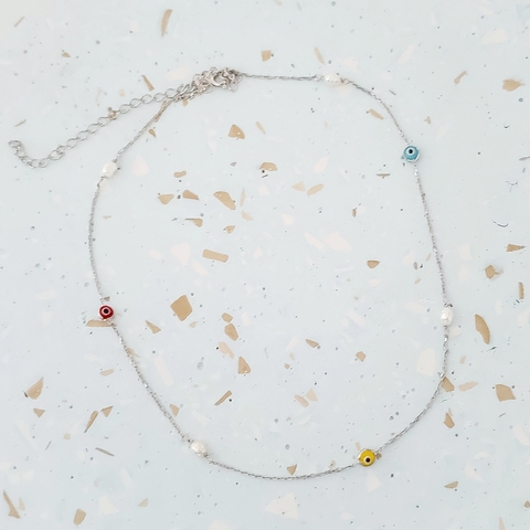 Choker Olho Color e Pérolas / Prata 925 Rodinada
