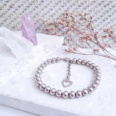 Pulseira Esferas com coração vazado no extensor | Aço Inoxidável