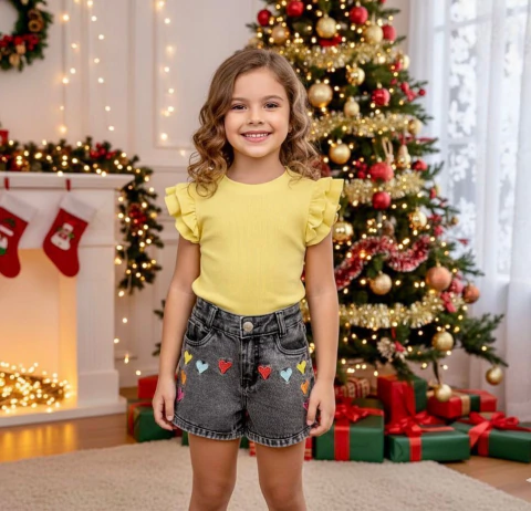 Shorts jeans infantis com corações bordados - comprar online