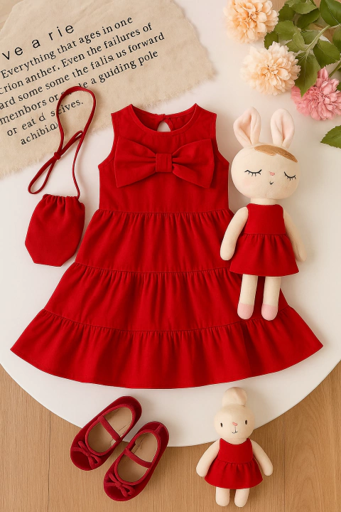 Vestido infantil com laço e bolsa - comprar online
