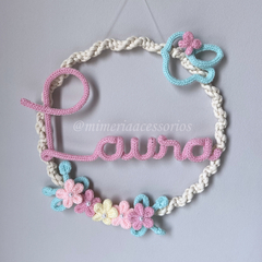 Porta Maternidade Tricotin Laura + Arco Macramê + Flores e Passarinho