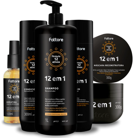 Kit 12 em 1 Fattore Completo 5 Itens Shampoo 1L, Condicionador, Máscara Leave-in e Keratina