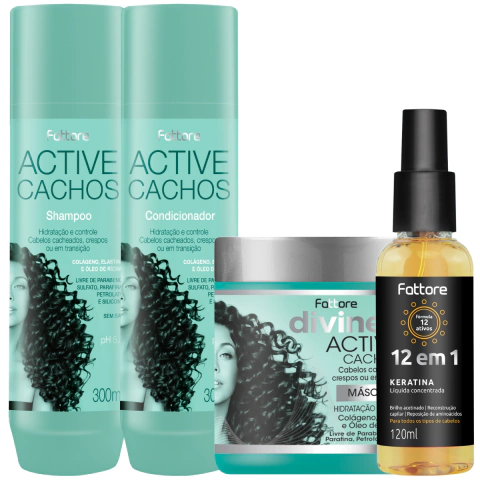 Kit de Tratamento Active Cachos 3 itens Hidratação e Controle + Queratina Líquida Fattore 12 em 1 120ml Profissional - comprar online