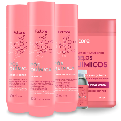 Kit Pós-Química Fattore Brilho e Hidratação (300ml) Shampoo, Condicionador, Máscara, Máscara (1000g), Ampola (10ml)